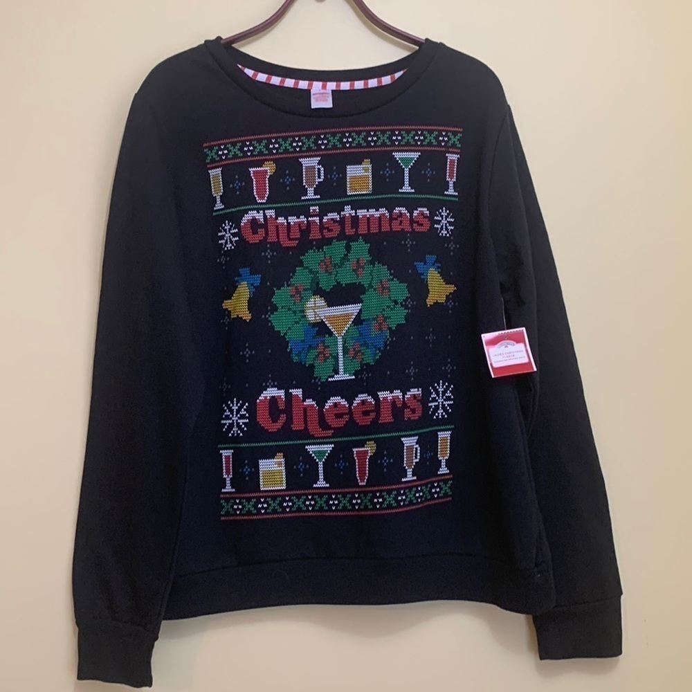 Holiday Time NWT Black Christmas Cheers Martini Wreath Fleece Crewneck Top 12/14